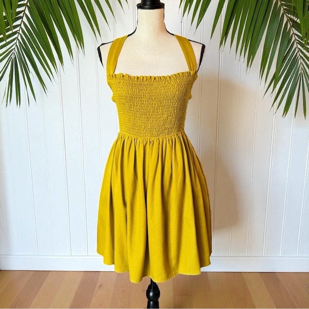 MIOU MUSE Mustard Yellow Linen Blend Crisscross Open Back Dress – Size M - Picture 2 of 16